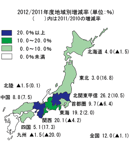 2012/2011年度地域別増減率の地図