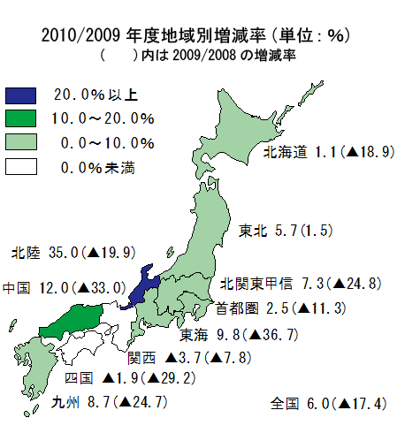 2010/2009年度地域別増減率の地図