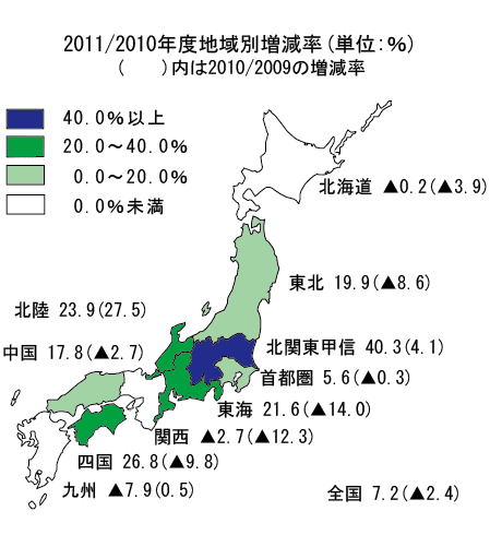 2011/2010年度地域別増減率の地図