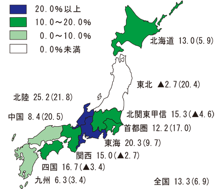2015/2014年度地域別増減率の地図