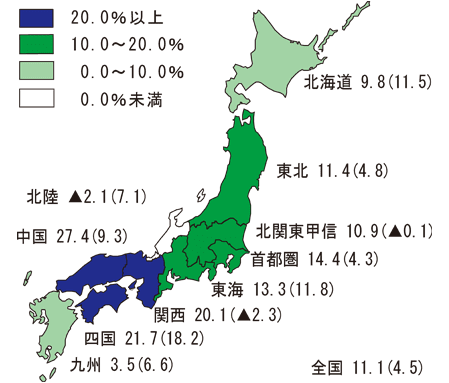 2016/2015年度地域別増減率の地図