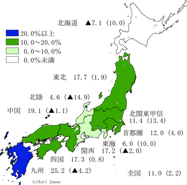 2017/2016年度地域別増減率の地図