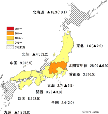 2019/2018年度地域別増減率の地図