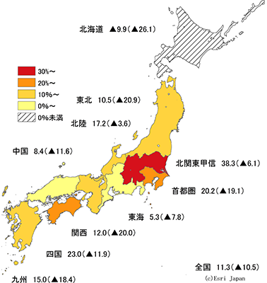 2020/2021年度地域別増減率の地図