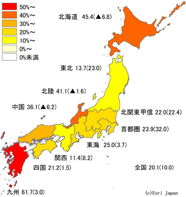 2022/2023年度地域別増減率の地図