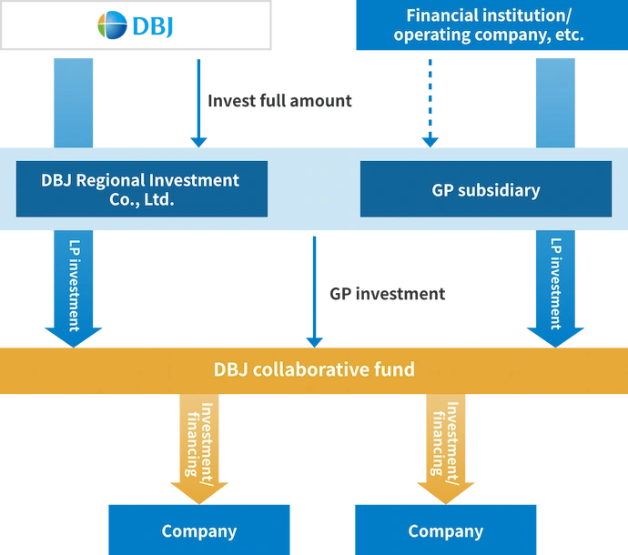 The diagram illustrates a structure in which DBJ Regional Investment Co., Ltd., wholly owned by DBJ, and a GP subsidiary involving financial institutions, operating companies, and other partners, form the DBJ Collaborative Fund through LP and GP capital contributions, with the Fund then providing investments and loans to companies.