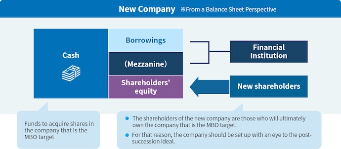 New Company balance sheet: Cash is composed of Borrowings, (Mezzanine), and Shareholders' equity. Borrowings and (Mezzanine) are from Financial Institution, and Shareholders' equity is from New shareholders.