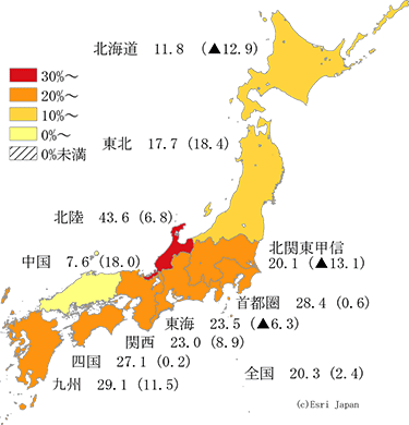 2018/2017年度地域別増減率(%) 詳細は以下の表を参照してください。