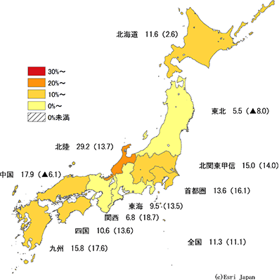 2019/2018年度地域別増減率（％） 詳細は以下の表を参照してください。
