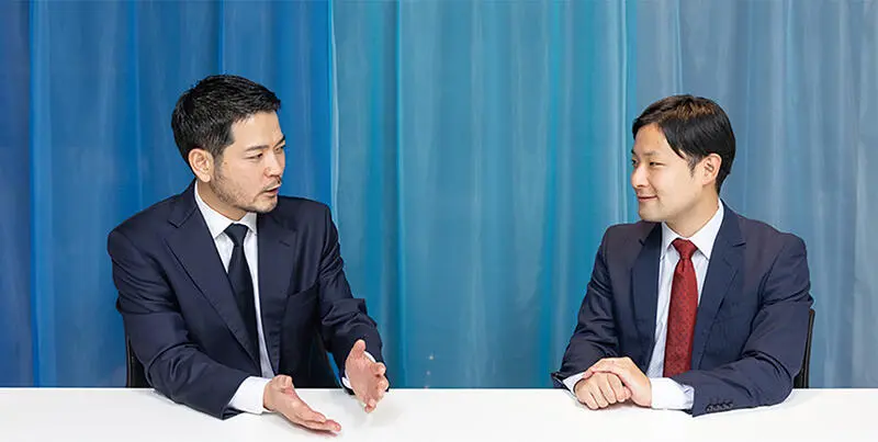 WOTA株会社 執行役員 営業・渉外管掌 越智 浩樹 氏と、株式会社日本政策投資銀行 イノベーション投資部 調査役 杉本 大斗による対談の様子。