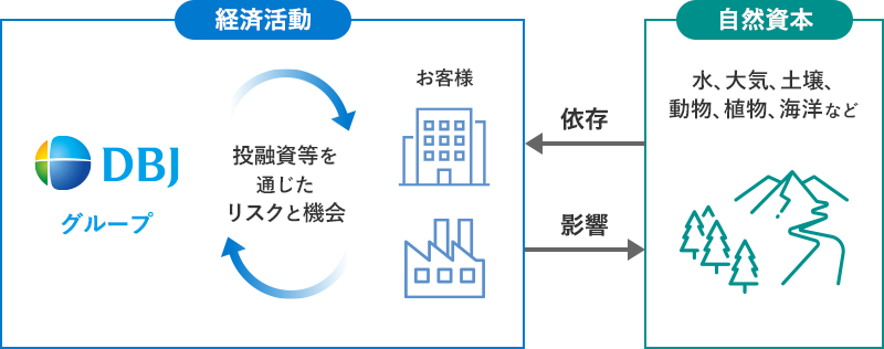 DBJグループの経済活動が、水や大気、土壌、動物、植物、海洋などの自然資本と依存・影響関係にあることを示す図。経済活動の中では、DBJグループとお客様が投融資等を通じたリスクと機会で繋がっている。